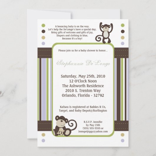 5x7 Monkey Time Zoo Animal Baby shower Invitation (Devant)