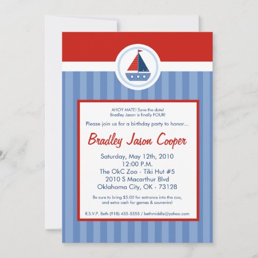 5x7 Nautic Sailor Boat Anniversaire Invitation (Devant)