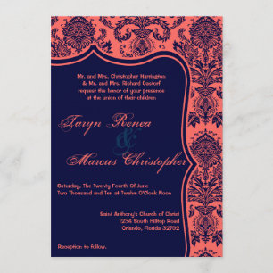 5x7 Navy Blue Corail Damask Lace Faire-part de mar