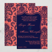 5x7 Navy Blue Coral Damask Lace Wedding Invitation Kaart (Voorkant / Achterkant)
