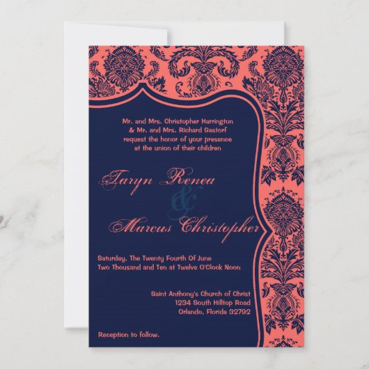 5x7 Navy Blue Coral Damask Lace Wedding Invitation Kaart (Voorkant)