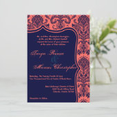 5x7 Navy Blue Coral Damask Lace Wedding Invitation Kaart (Staand voorkant)