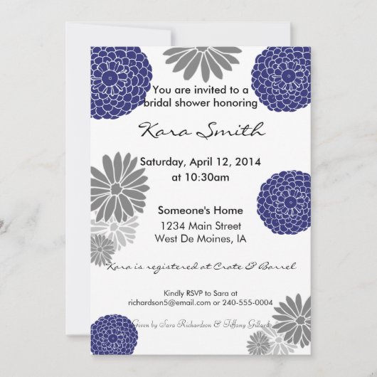 5x7 Navy Blue & Grey Bridal Shower Invitation Kaart (Voorkant)