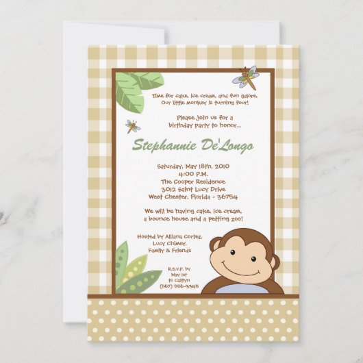 5x7 Neutral Papgayo Singe Invitation Anniversaire (Devant)