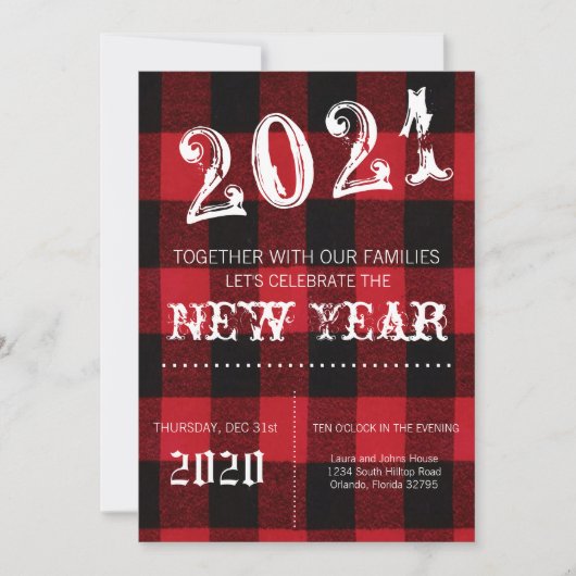 5x7 New Years Eve uitnodiging Red Buffalo Plaid (Voorkant)
