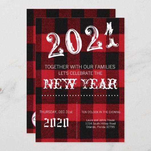 5x7 New Years Eve uitnodiging Red Buffalo Plaid (Voorkant / Achterkant)