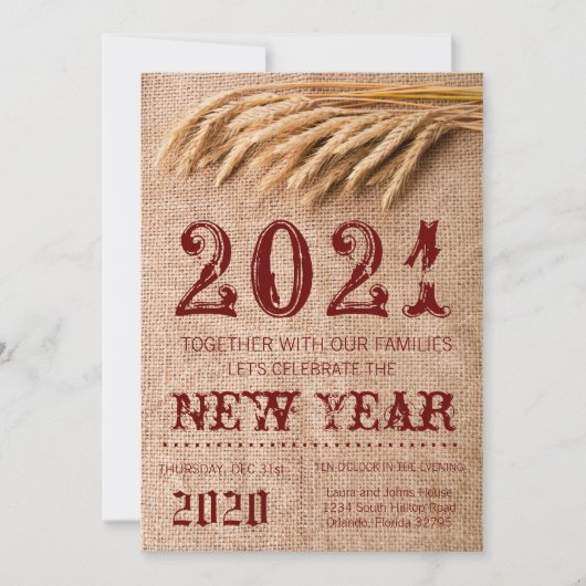 5x7 New Years Eve Uitnodiging Tarwe op Burlap Sack (Voorkant)