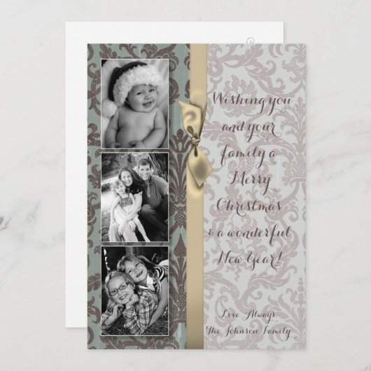 5x7 Noël XMAS Carte photo en tissu Damas bleu (Devant / Derrière)