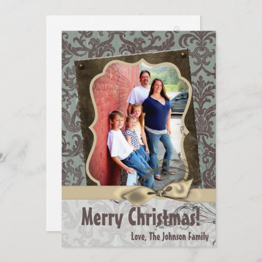 5x7 Noël XMAS Carte photo en tissu Damas bleu (Devant / Derrière)