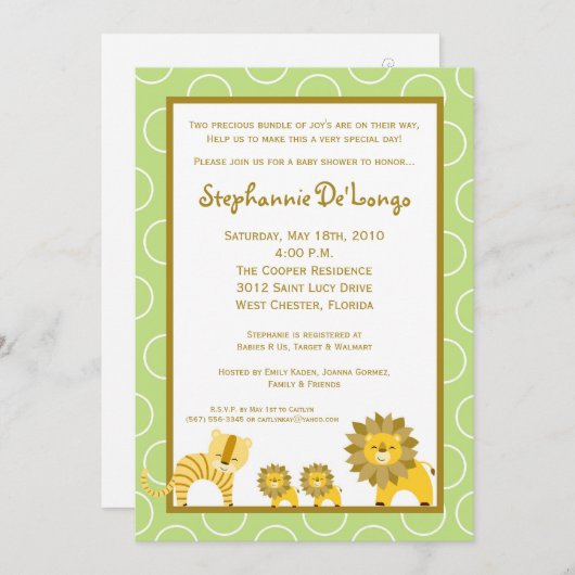 5x7 Oerwoud Lion Boy TWINS Baby shower Uitnodiging (Voorkant / Achterkant)