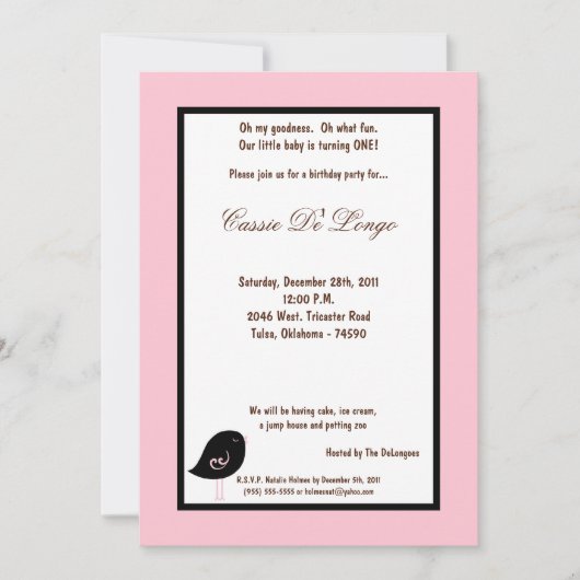 5x7 Oiseau rose clair Invitation de fête d'anniver (Devant)