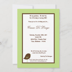 5x7 Oiseau vert clair Invitation de fête d'anniver