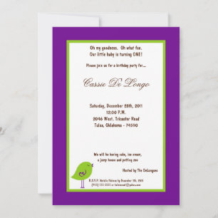 5x7 Oiseau violet foncé Invitation de fête d'anniv