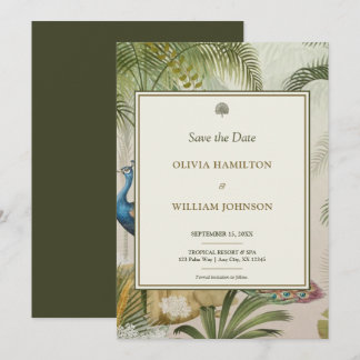 5x7 Olijfgroen Tropische Pauw Palm Wedding Save The Date