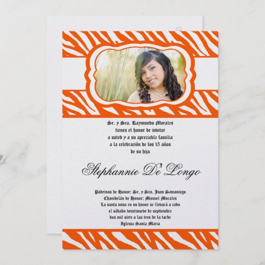 5x7 Oran Zebra Print Patter Quinceanera Uitnodigin Kaart (Voorkant / Achterkant)