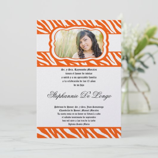 5x7 Oran Zebra Print Patter Quinceanera Uitnodigin Kaart (Staand voorkant)