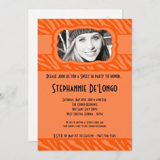 5x7 Orang Zebra PHOTO Sweet 16 Birthday Uitnodigin Kaart (Voorkant / Achterkant)