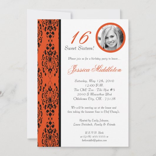 5x7 Orange Damask 16 Anniversaire Fête Invitation (Devant)