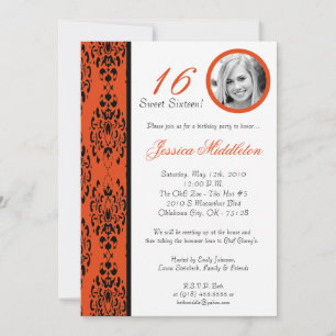 5x7 Orange Damask 16 Anniversaire Fête Invitation