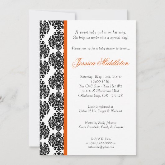 5x7 Orange Damask Lace Baby shower Invitation (Devant)