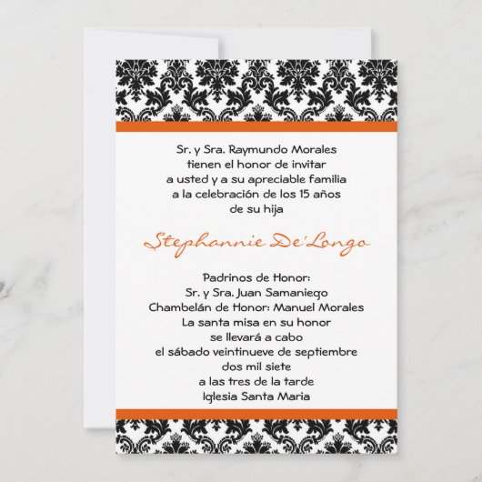 5x7 Orange Damask Quinceanera Invitation (Devant)