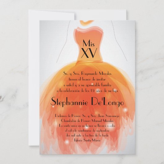 5x7 Orange Dress Quinceanera Invitation Anniversai (Devant)