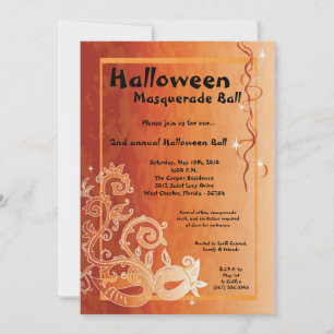 5x7 Orange Masquerade Halloween Ball Invitation