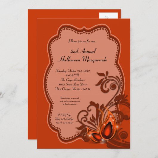 5x7 Orange Masquerade Halloween Costume Invitation (Devant / Derrière)