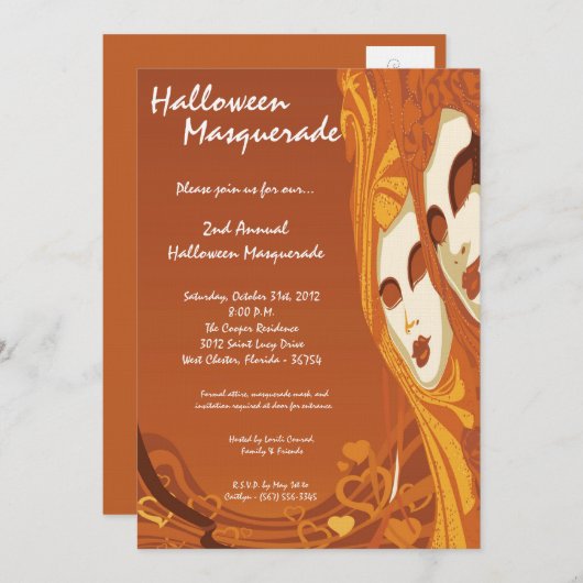 5x7 Orange Masquerade Halloween Costume Invitation (Devant / Derrière)
