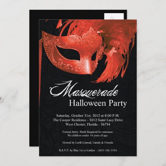 5x7 Orange Masquerade Halloween Invitation (Devant / Derrière)