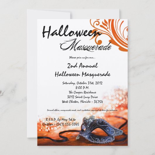 5x7 Orange Masquerade Invitation Costume Halloween (Devant)