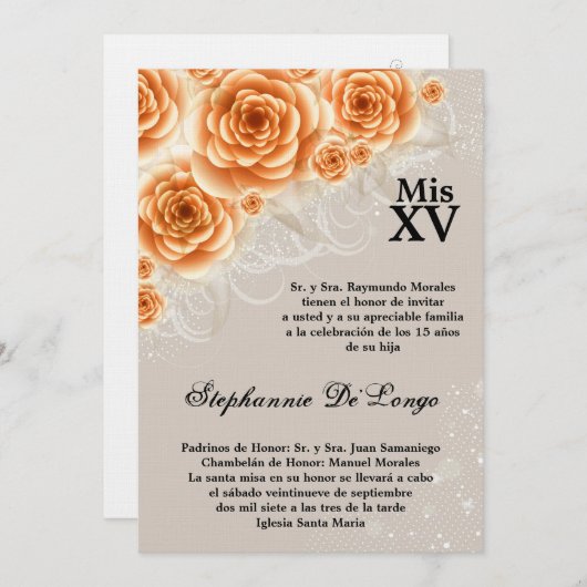 5x7 Orange Rose Quinceanera Invitation d'anniversa (Devant / Derrière)