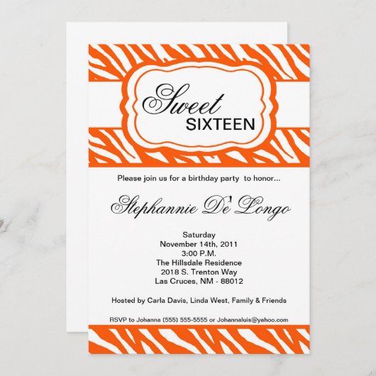 5x7 Orange Zebra Imprimer Anniversaire Invitation (Devant / Derrière)