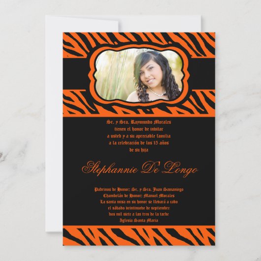 5x7 Orange Zebra Imprimer Quinceanera Invitation (Devant)