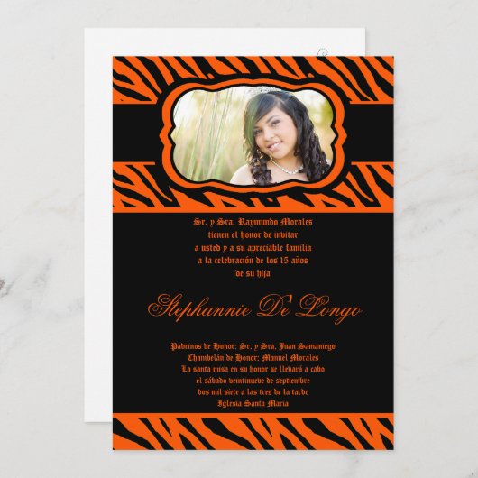 5x7 Orange Zebra Imprimer Quinceanera Invitation (Devant / Derrière)