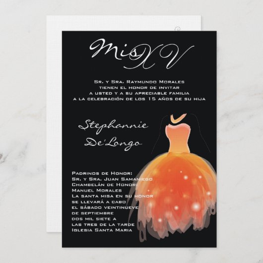 5x7 Oranje Dress Quinceanera Birthday Uitnodiging (Voorkant / Achterkant)