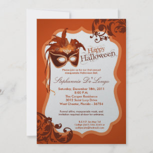 5x7 Oranje Masquerade Mask Halloween Invitation Kaart