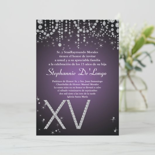 5x7 Paarse Diamond Quinceanera Verjaardagsuitnodig Kaart (Staand voorkant)