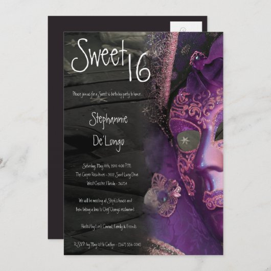 5x7 Paarse Masquerade Sweet 16 Birthday Uitnodigin Kaart (Voorkant / Achterkant)