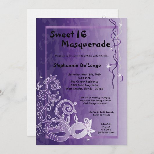 5x7 Paarse Masquerade Sweet 16 Verjaardag Uitnodig Kaart (Voorkant / Achterkant)