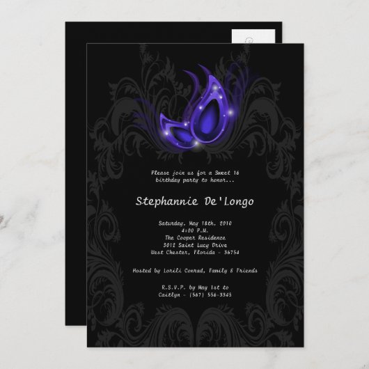 5x7 Paarse Masquerade Sweet 16 Verjaardag Uitnodig Kaart (Voorkant / Achterkant)