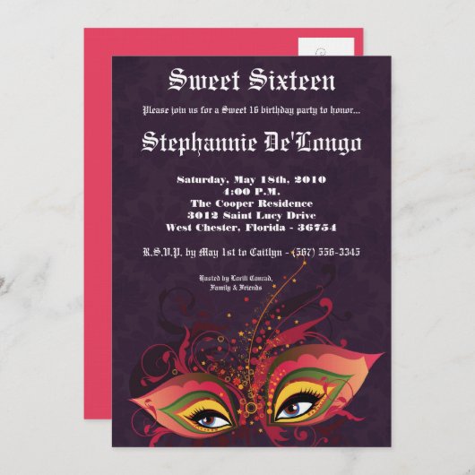 5x7 Paarse Masquerade Sweet 16 Verjaardag Uitnodig Kaart (Voorkant / Achterkant)