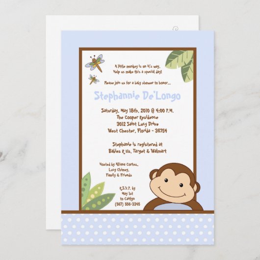5x7 Papagayo Monkey Safari Baby shower Invitation (Devant / Derrière)
