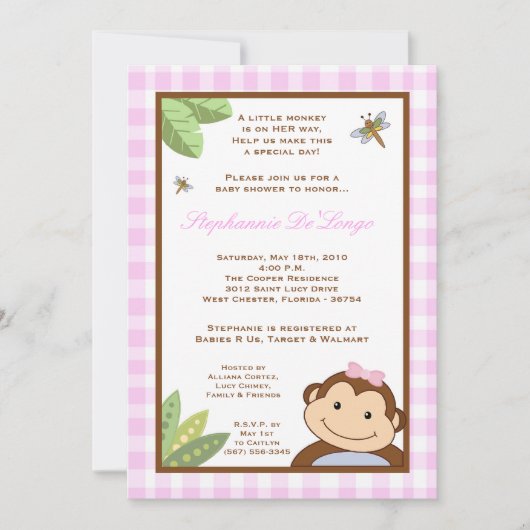 5x7 Papagayo Monkey Safari Baby shower Invitation (Devant)