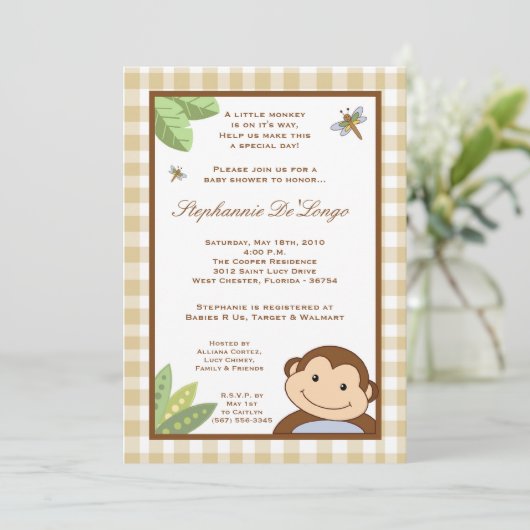 5x7 Papagayo Monkey Safari Baby Shower Invitation Kaart (Staand voorkant)