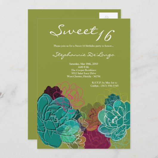 5x7 Peony Flower Sweet 16 Verjaardag Uitnodiging (Voorkant / Achterkant)