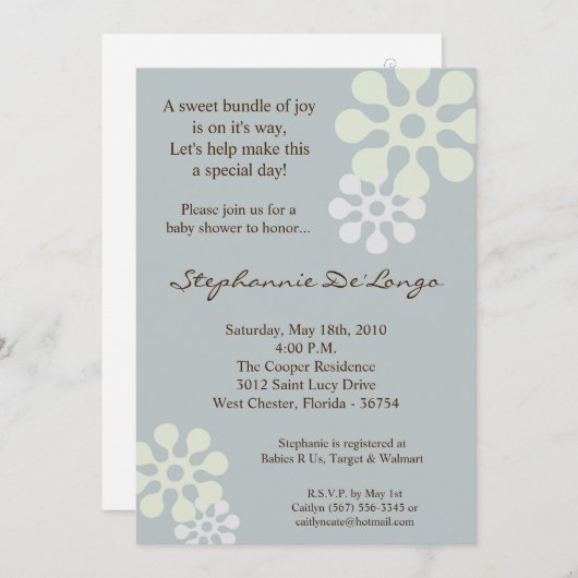 5x7 Perwinkle Blue Flower Baby shower Invitation Kaart (Voorkant / Achterkant)