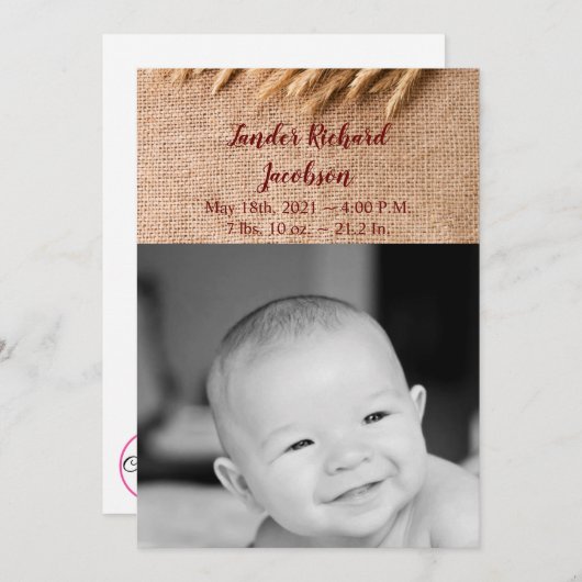 5x7 Photo Faire-part de naissance Armée blé sur Bu (Devant / Derrière)