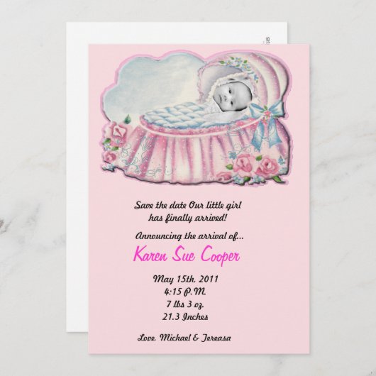 5x7 PHOTO Faire-part de naissance rose et bleu Bas (Devant / Derrière)