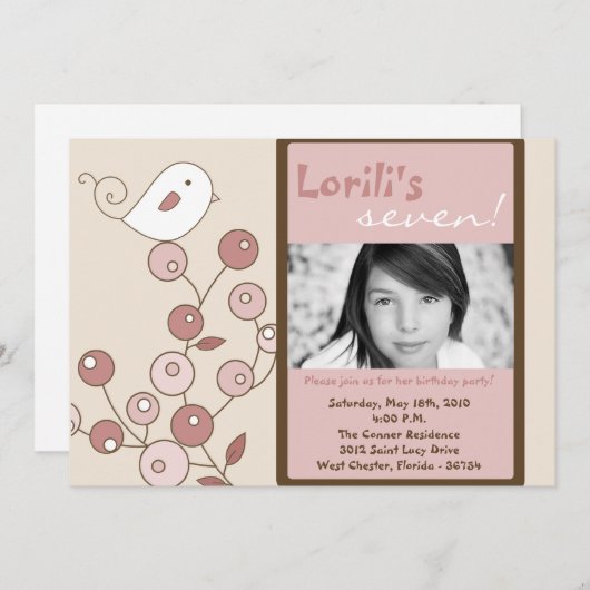 5x7 Pink Bird Photo Invitation à la fête d'anniver (Devant / Derrière)